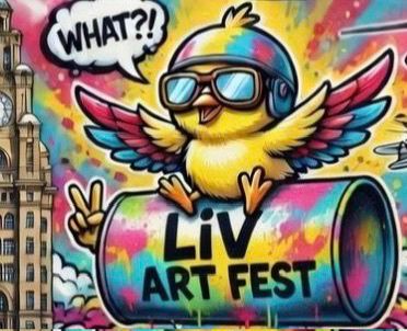 Street art mural featuring the Liv Art Fest chick mascot on a painted wall
