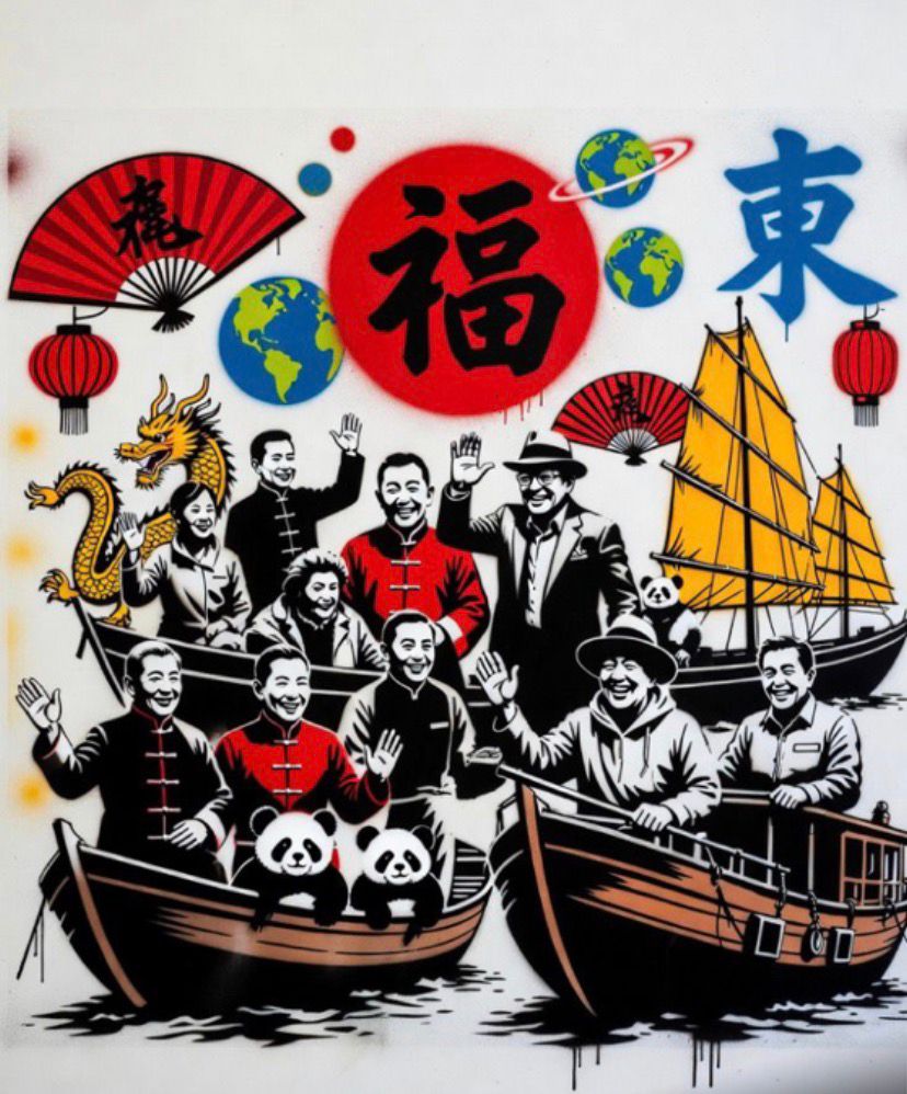 Colourful street art mural showing cultural scenes with boats and figures